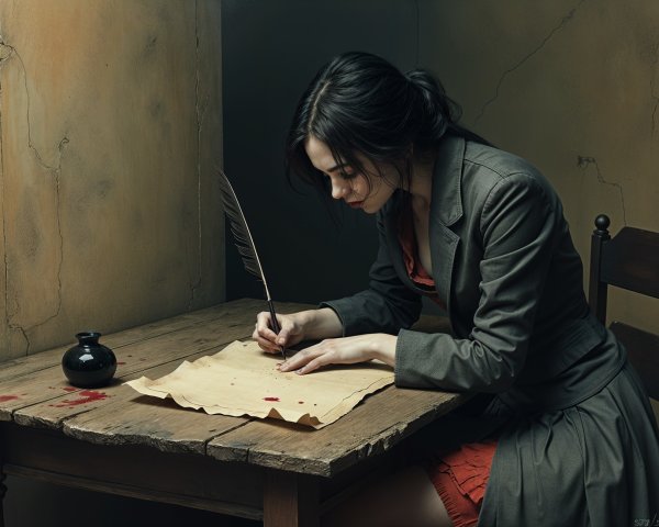 Young Woman in Vintage Suit Writing with Quill