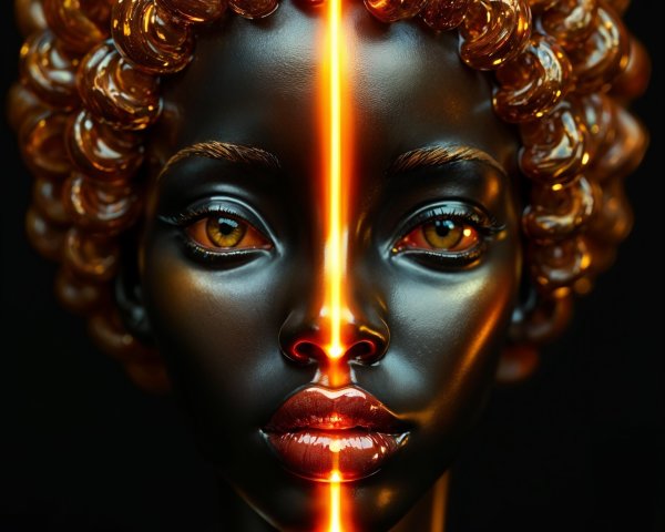 Hyper-realistic sculpture of a female figure with glow