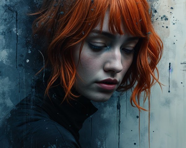Young Woman with Orange Hair in Abstract Background