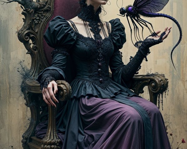 Regal Woman on Throne with Surreal Insect and Gothic Background