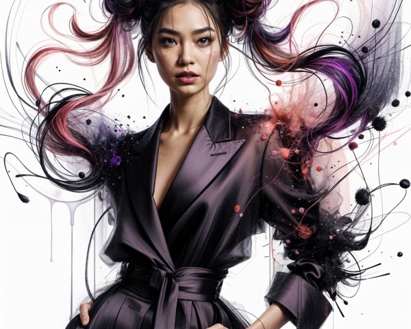 Vibrant Portrait with Two-Tone Hair and Abstract Colors