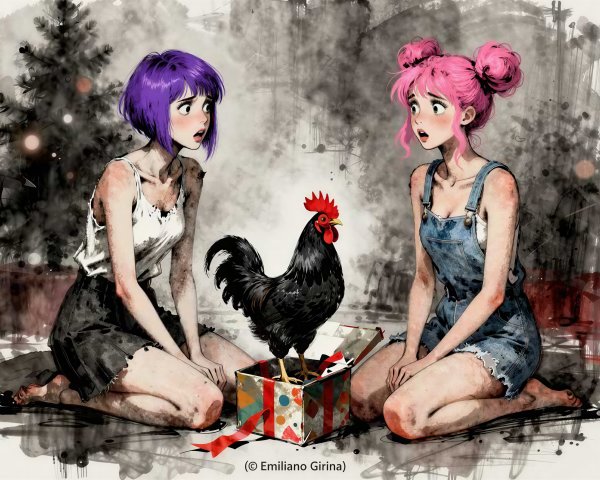 Anime Girls Surprised by Rooster in Christmas Scene