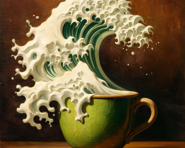 Whimsical Artwork of Cracked Teacup and Ocean Wave
