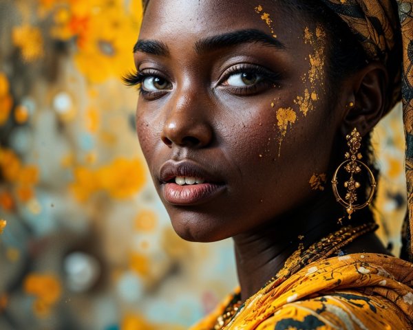 Young Woman in Vibrant Yellow with Floral Background