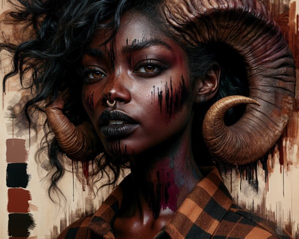 Portrait of a Woman with Dark Skin and Ram Horns