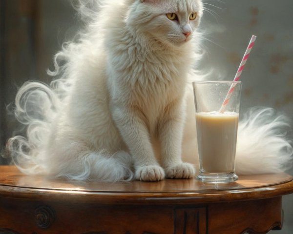 Majestic White Cat with Yellow Eyes on Wooden Table
