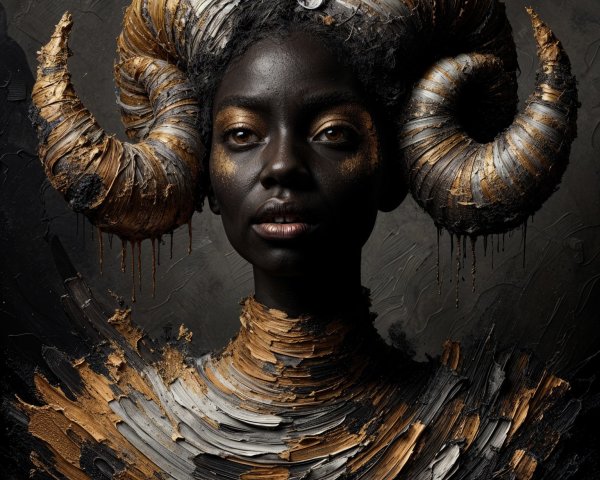 Portrait of a Woman with Gold and Black Ram Horns