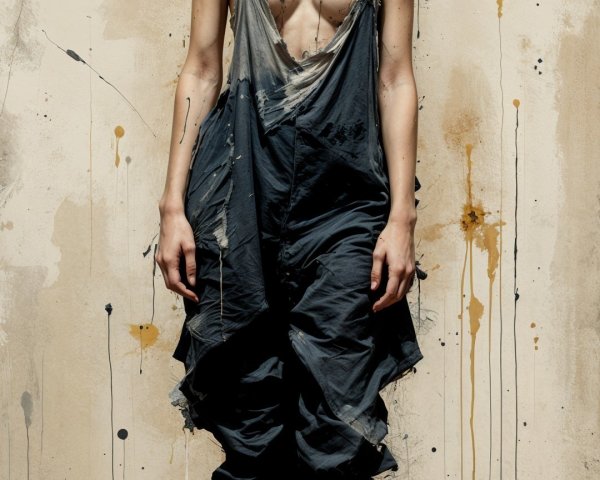 Figure in Tattered Overalls Against Textured Wall