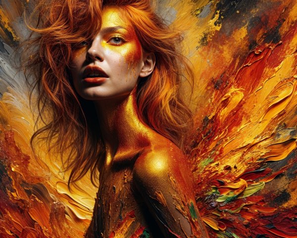 Vibrant Figure with Fiery Hair and Golden Skin
