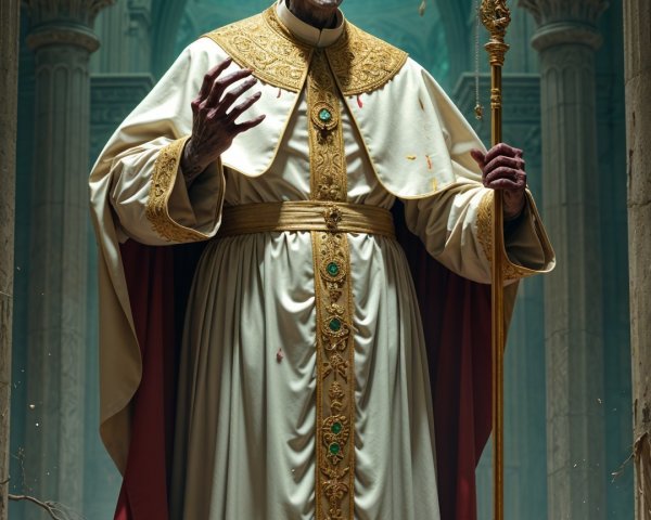 Skeletal Figure in Papal Robes in Decaying Cathedral