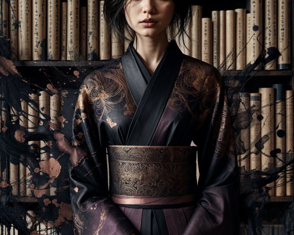 Young Woman in Elegant Black Kimono with Books