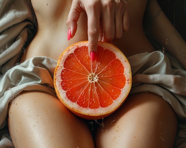Close-up of Lower Body with Grapefruit and Fabric