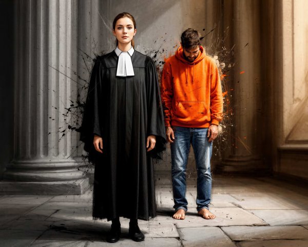 Courtroom Scene with Young Lawyer and Man in Hoodie