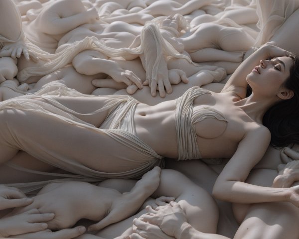Surreal Scene with Female Figure and Abstract Forms