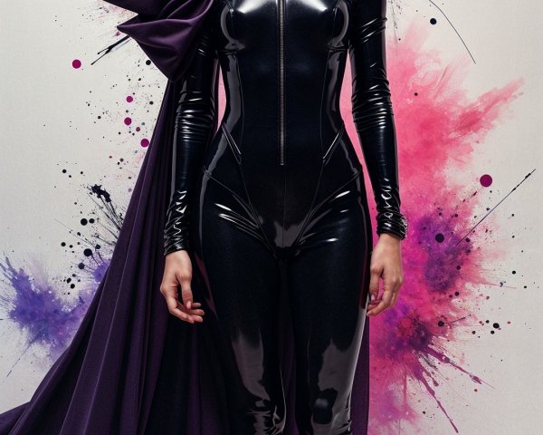 Confident Figure in Black Latex Suit and Purple Cape