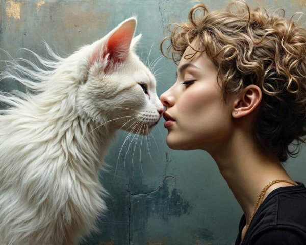 Young Woman and Fluffy White Cat in Serene Moment