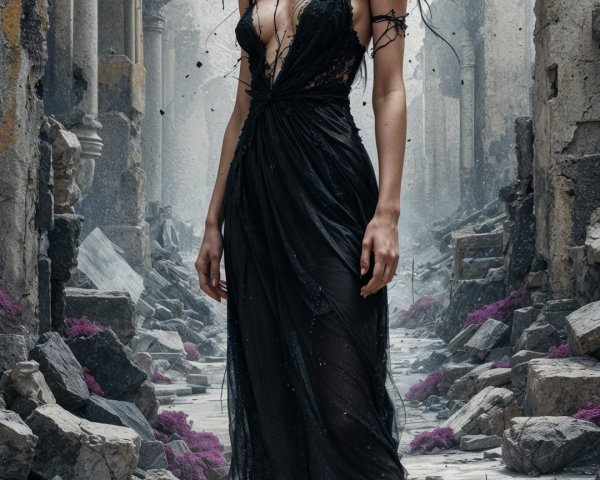 Woman in Black Gown Among Ancient Ruins and Flowers