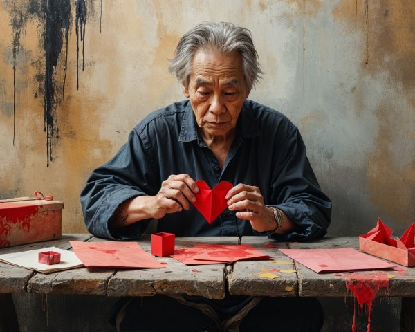 Elderly Man Folding Red Paper Heart at Rustic Table