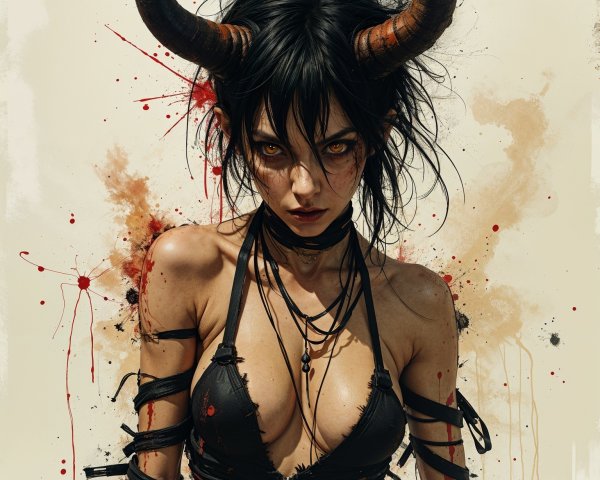 Fierce Character with Horns and Dramatic Background