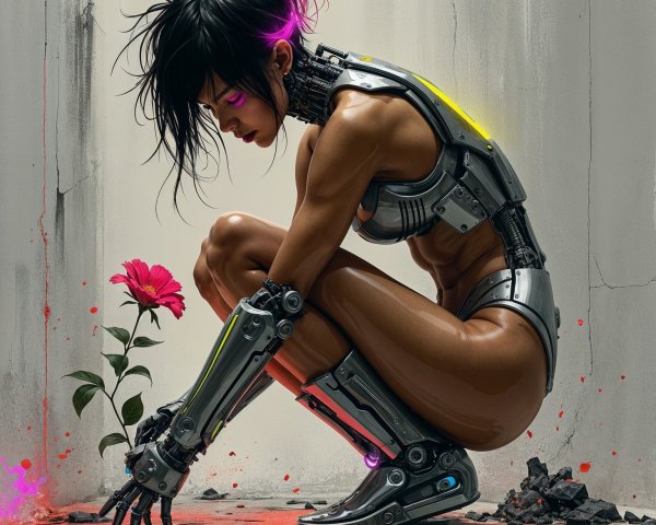 Futuristic Cybernetic Woman Examines Flower in Rubble