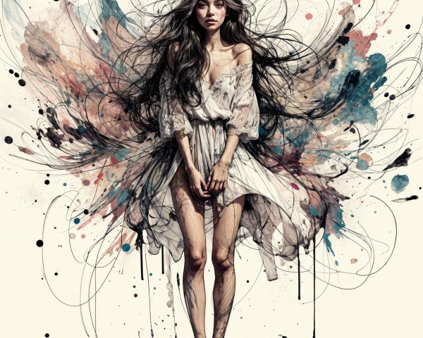 Young woman in white gown with vibrant abstract background