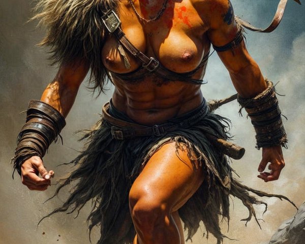 Fierce Warrior in Rocky Terrain with Tribal Adornments