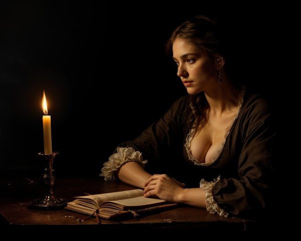 Young woman reading in dim candlelight at a table