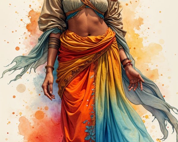 Young woman in vibrant saree with abstract background