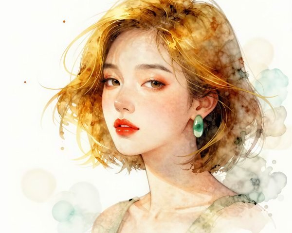 Digital Watercolor of Young Woman with Gentle Features