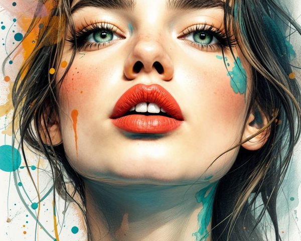 Portrait of a Young Woman with Green Eyes and Red Lips