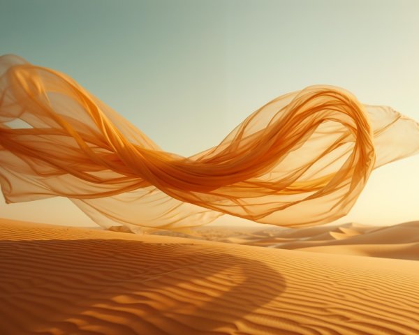 Delicate orange fabric contrasts with golden desert dunes