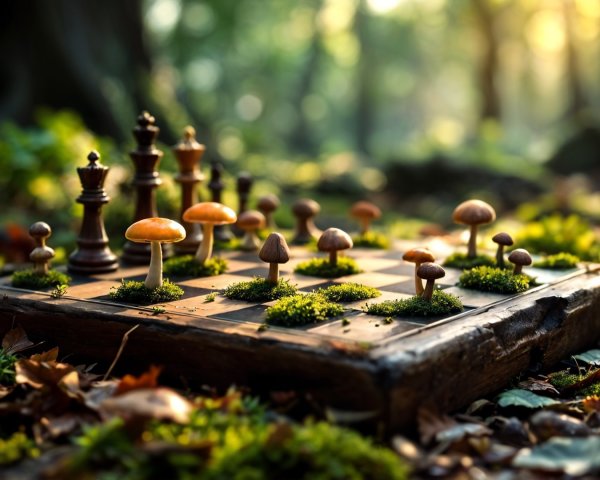 Whimsical Chessboard in a Forest Setting with Mushrooms