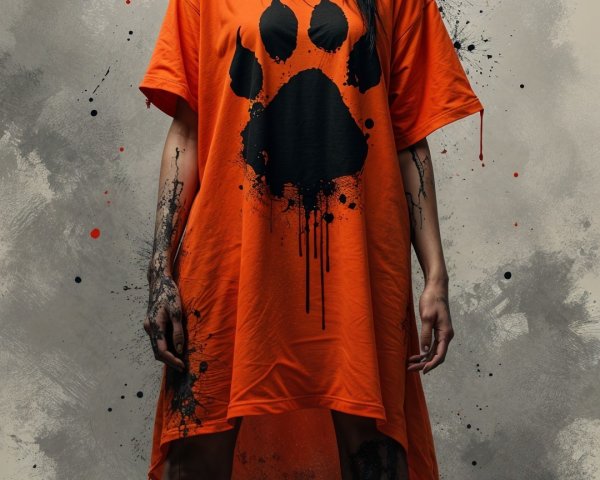 Fierce figure in orange T-shirt with black paw print