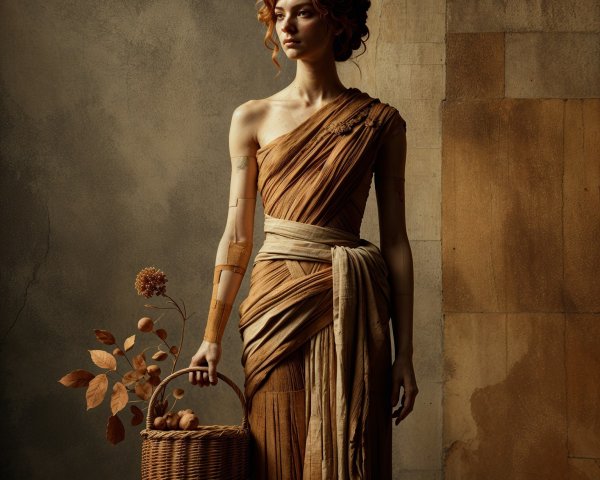 Statuesque Figure in Earthy Garment with Basket of Leaves