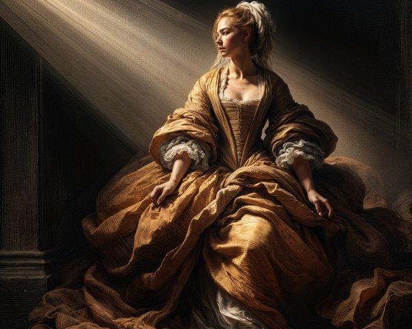 Woman in Golden-Brown Gown in Dimly Lit Room