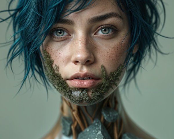 Portrait of a person with blue hair and nature elements