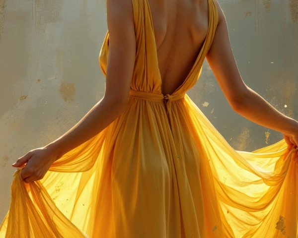Graceful Woman in Flowing Yellow Dress with Curly Hair