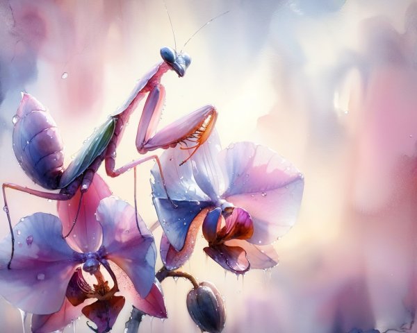 Vibrant Praying Mantis on Pink Orchids in Pastel Scene