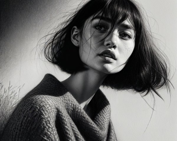 Black-and-white portrait of a contemplative young woman