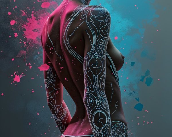 Futuristic figure with luminescent tattoos and vibrant background