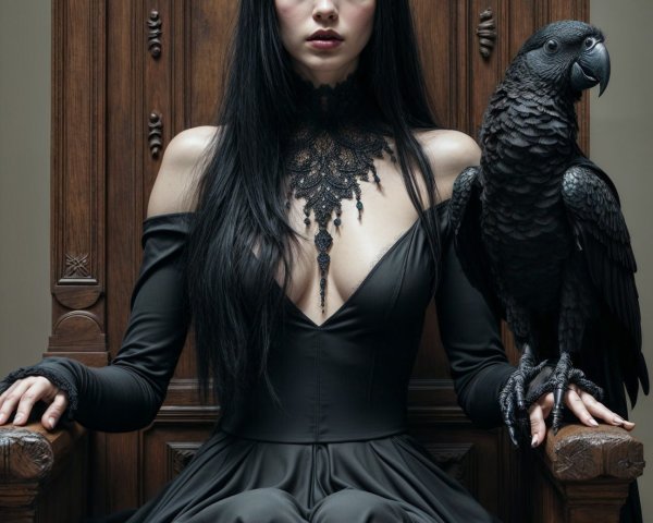 Elegant figure in black gown on ornate throne with raven