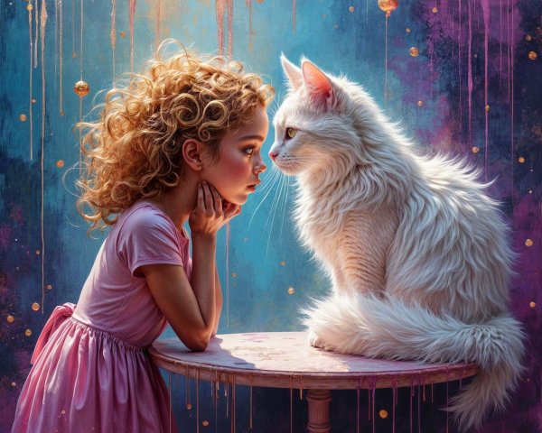 Young girl in pink dress gazes at fluffy white cat