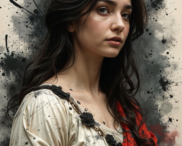 Portrait of a Young Woman in Cream Dress and Red Shawl