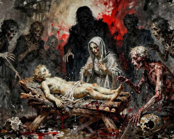 Dramatic Painting of Grieving Woman and Zombies