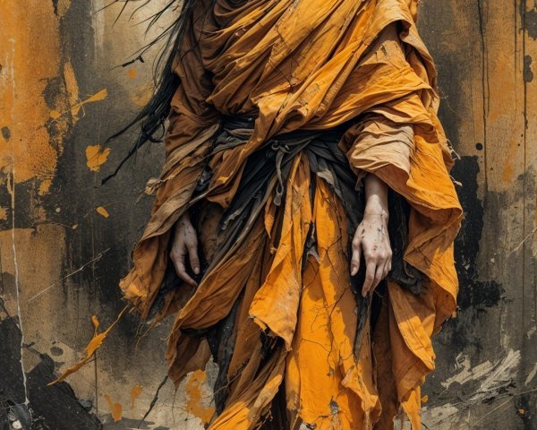 Woman in Tattered Orange Fabric Against Chaotic Backdrop