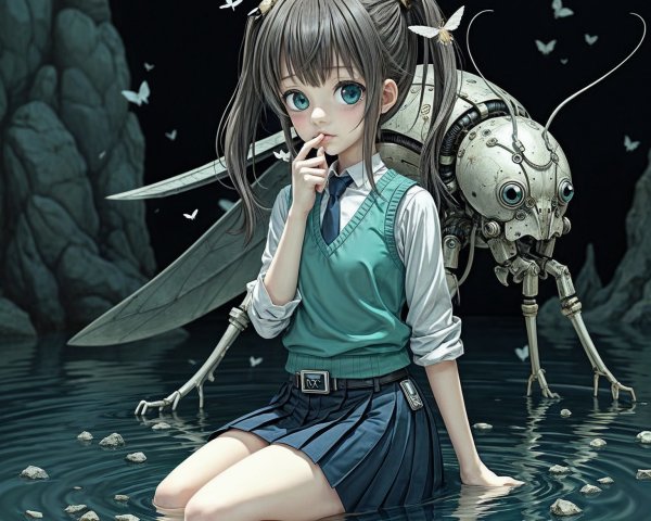 Girl by Water with Insect Creature and Butterflies