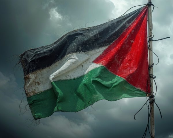 Weathered Palestinian Flag Against Dark Skies