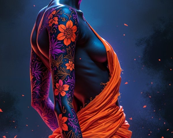Person with blue skin and floral tattoos in orange fabric