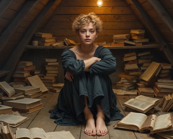 Young Woman in Attic Surrounded by Books and Light