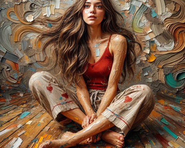 Young woman in red tank top amidst colorful abstract background